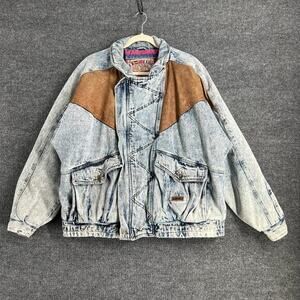 Vintage 80s Oui International Mens Acid Wash Denim Leather Bomber Jacket Size L